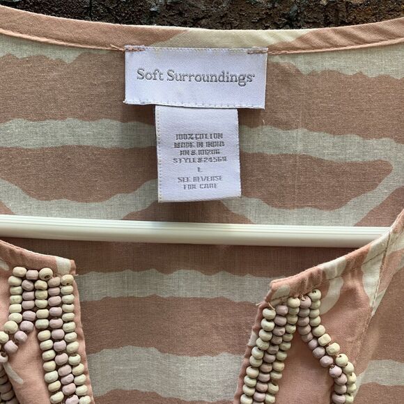 Soft Surroundings Pink White Tribal Top Tunic Cover Up Beaded Hook Closure Large - Picture 3 of 8